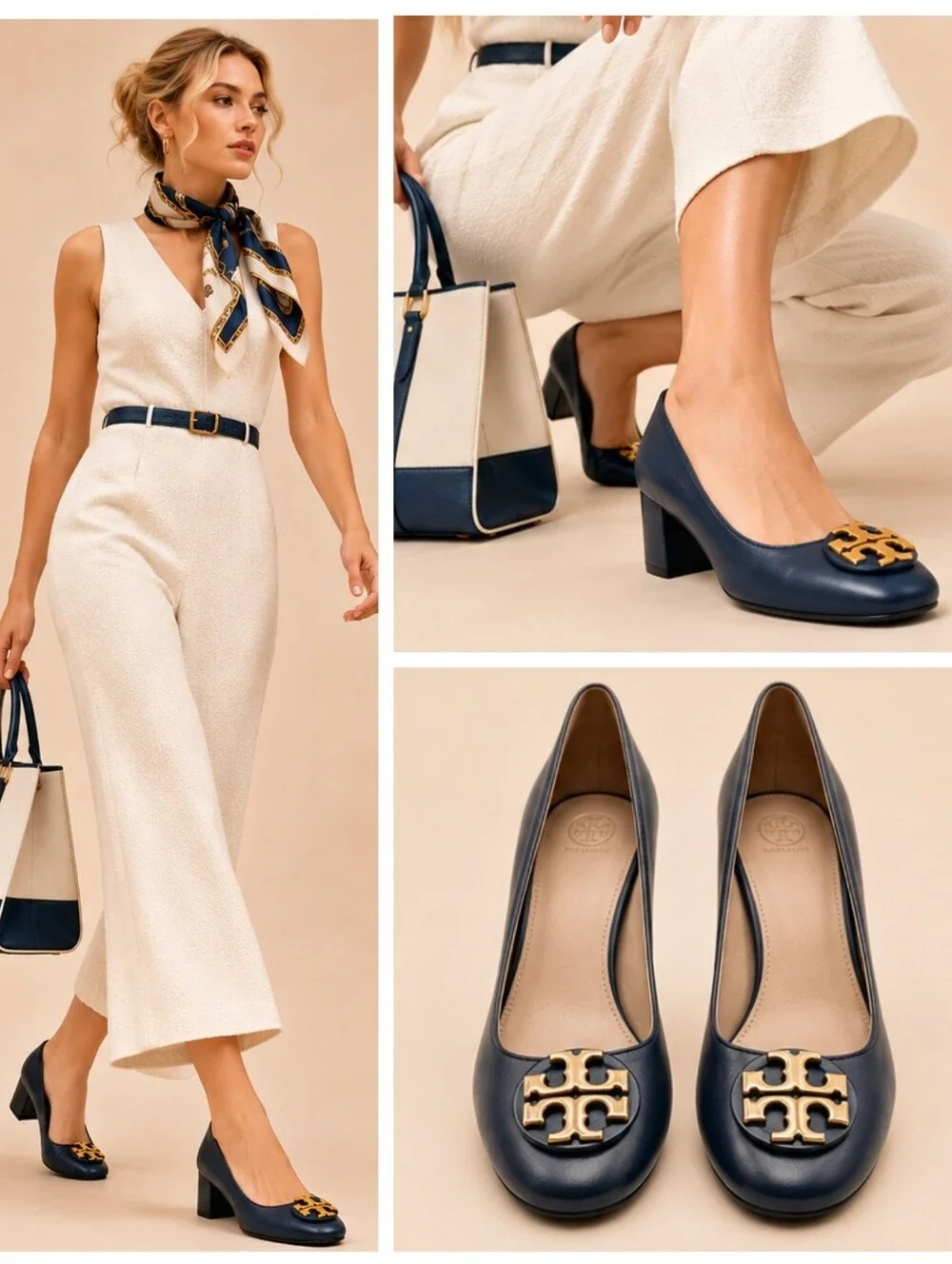 Tory Burch Janey Navy Leather Logo Block Heel Pumps Size 7 EUC $325 S4191